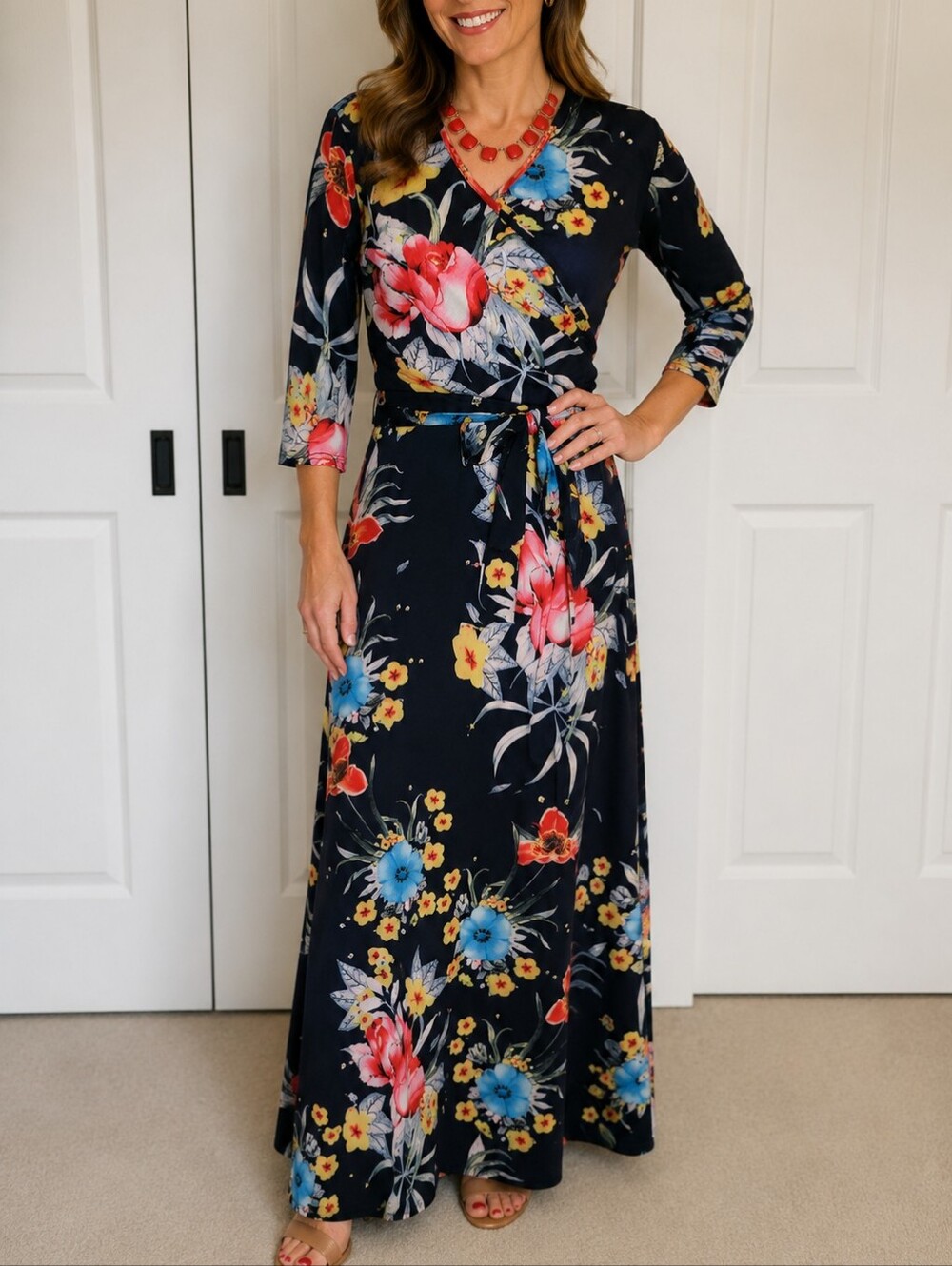 Navy Floral Faux Wrap Maxi Dress, Small